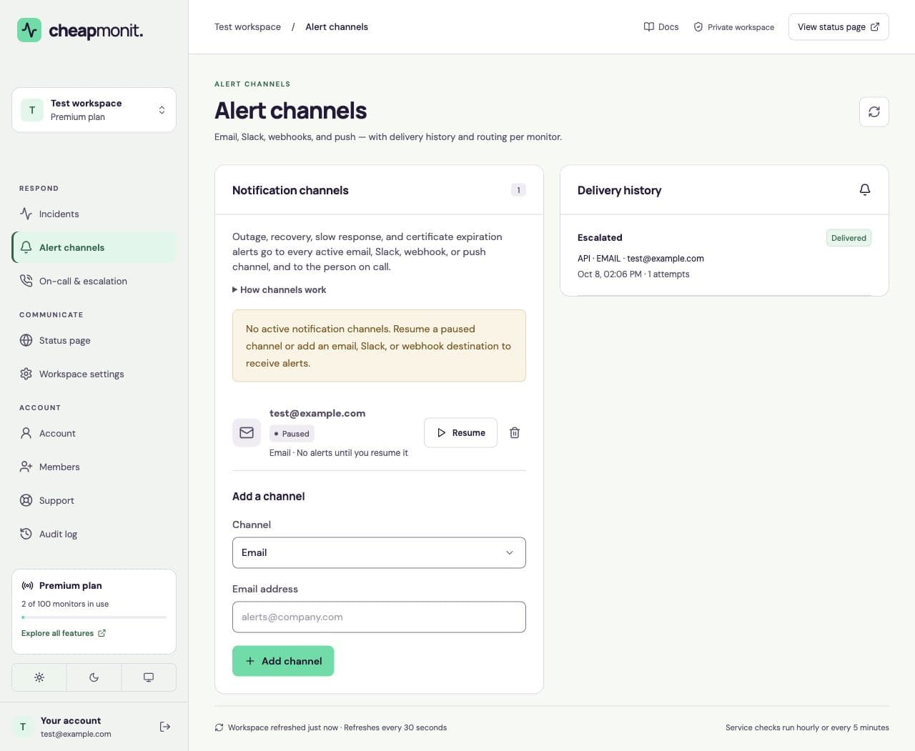 Sample alert settings with a paused email channel, the add-channel form, and a delivered escalation email in delivery history.