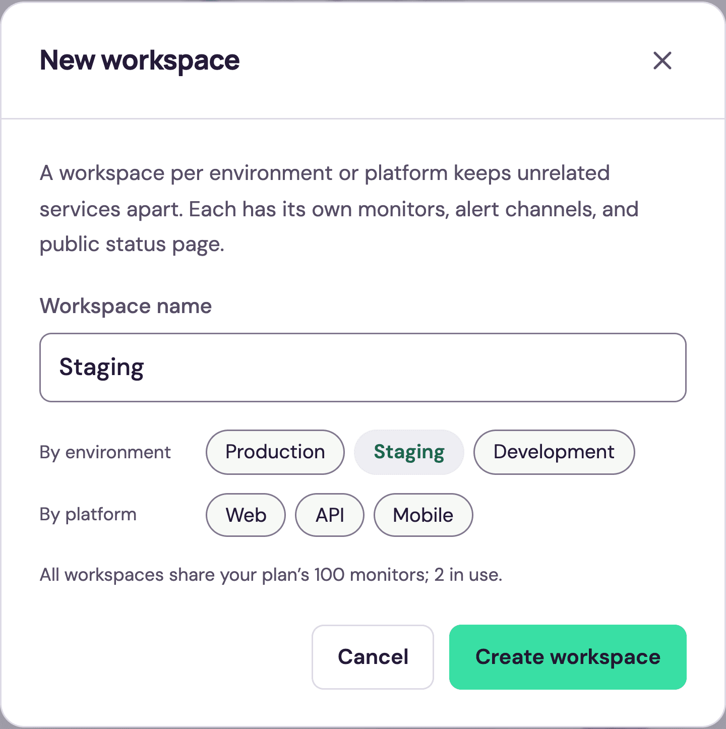 Sample new-workspace form with Staging selected and the shared allowance of 100 monitors, with two in use.