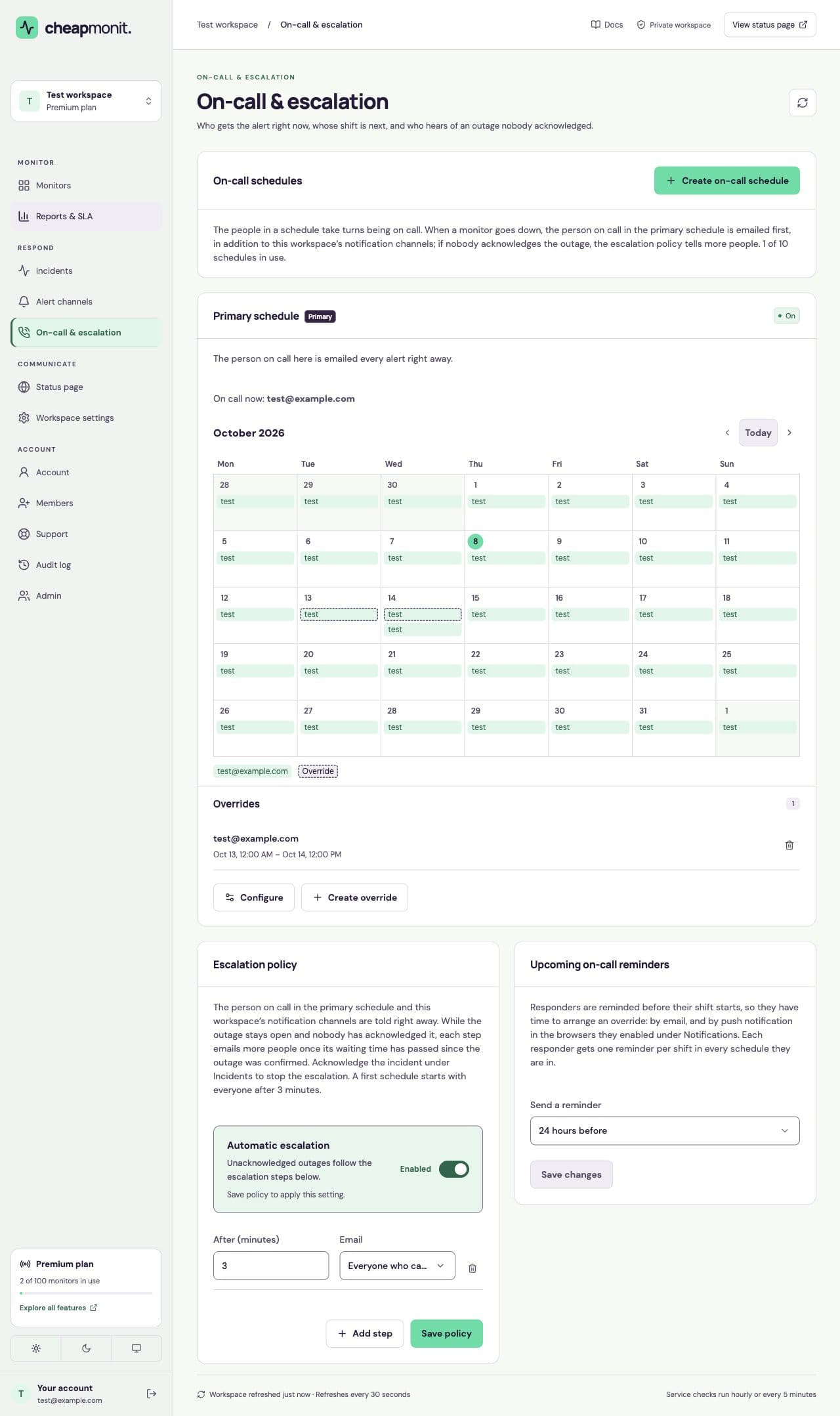 Sample on-call calendar with a primary schedule, an override, a three-minute email escalation step, and shift reminders.